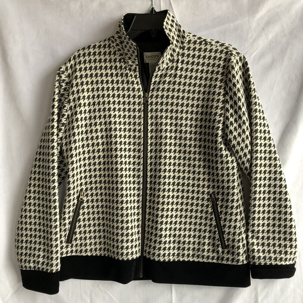 Chicos Zip-Up Jacket White Black Houndstooth with Sparkle, Zipper Pockets Size M